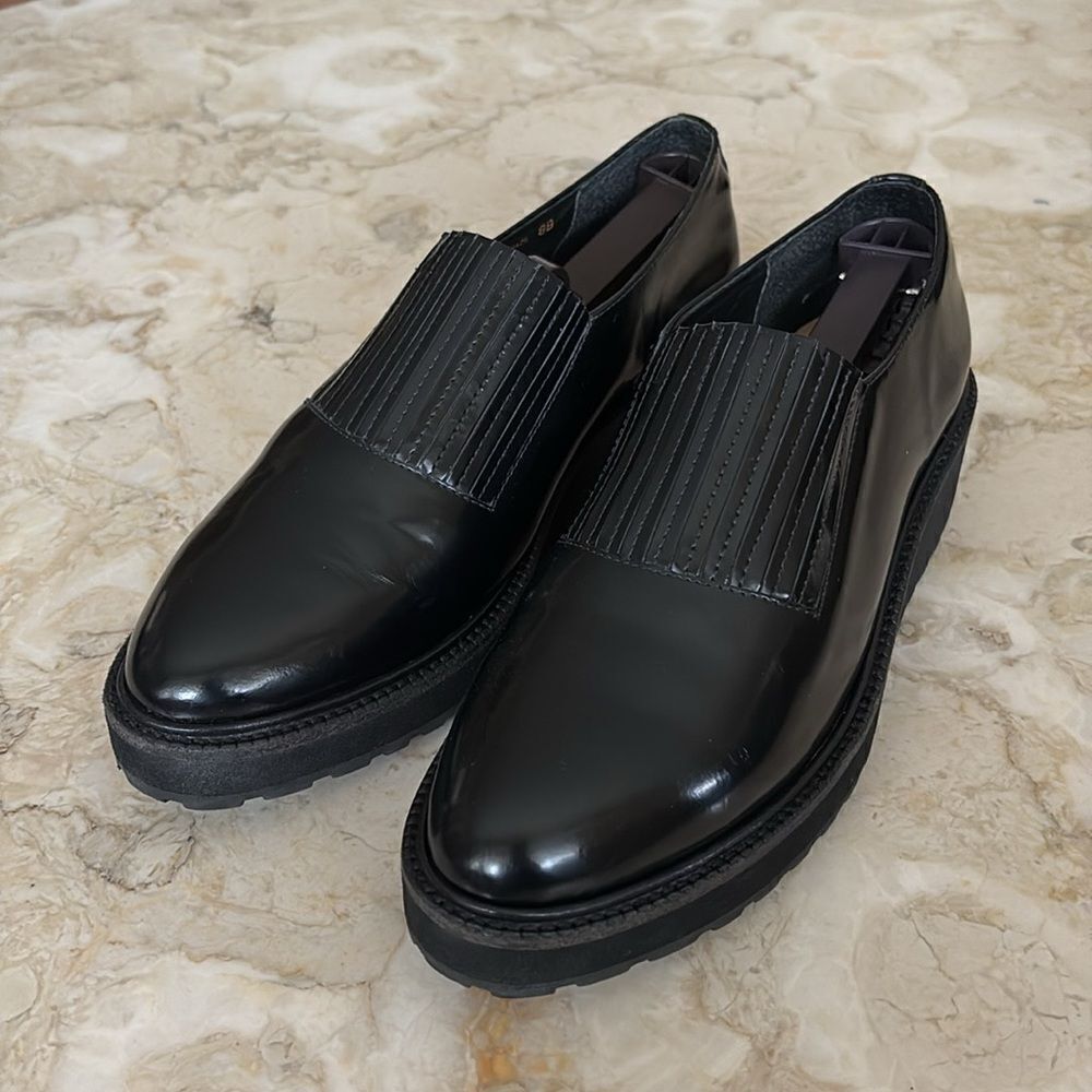 Loeffler Randall Black Leather Wedge Lug Sole Loafers Oxford Shoes